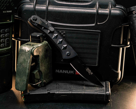 Custom Kwaiken Folder - Raffir Nobil Wasp Uranium Glow, Anodized Black Handle, Black Nitride Blade, Textured Grip, Deep Carry Pocket Clip