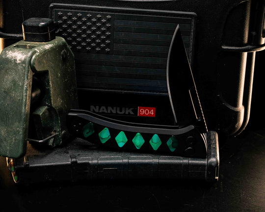 Custom Kwaiken Folder - Raffir Nobil Wasp Uranium Glow, Anodized Black Handle, Black Nitride Blade, Textured Grip, Deep Carry Pocket Clip