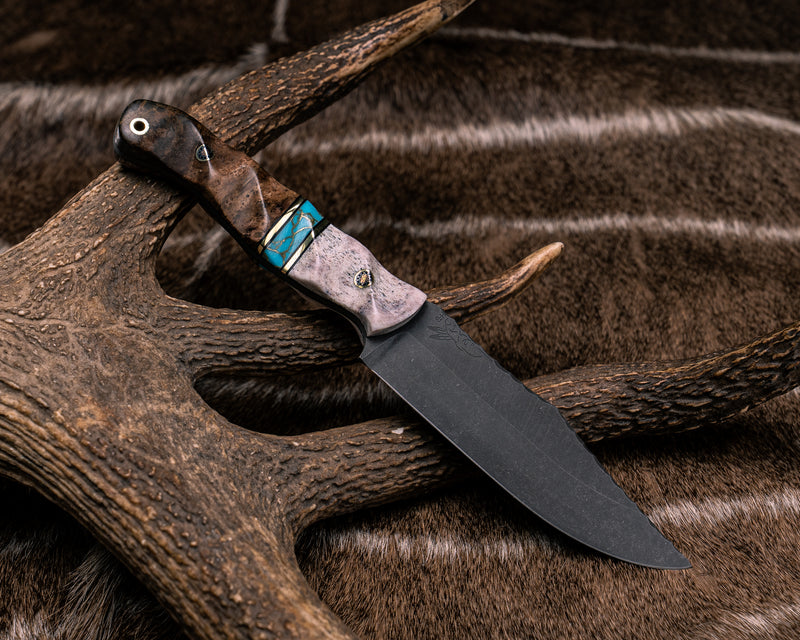 Crow Scout- CO Elk Antler, Black G10 and Brass Pin Striping, Turquoise with Gold Web Tru-stone Split, Weru, Mosaic Pins, Brass Lanyard Pin, Textured Grip