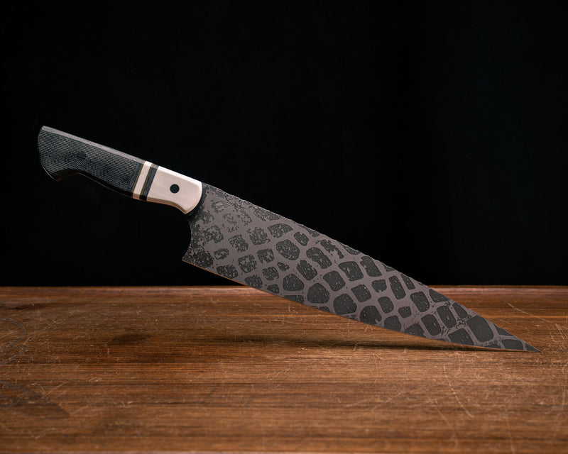 10" Chef Blade- White G10, Black Canvas Micaela, OD Green G10 and White G10 Split, Black Canvas Micaela, Black Micaela Pins, Smooth Grip