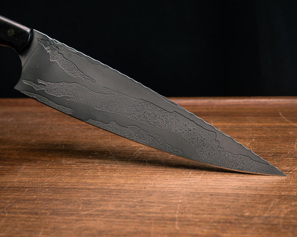 10" Chef Blade- African Blackwood, Black G10 and Brass Split, Afzelia Burl, Mosaic Pins, Smooth Grip