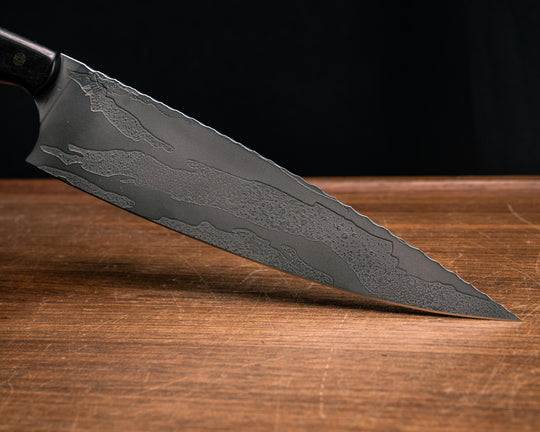 10" Chef Blade- African Blackwood, Black G10 and Brass Split, Afzelia Burl, Mosaic Pins, Smooth Grip
