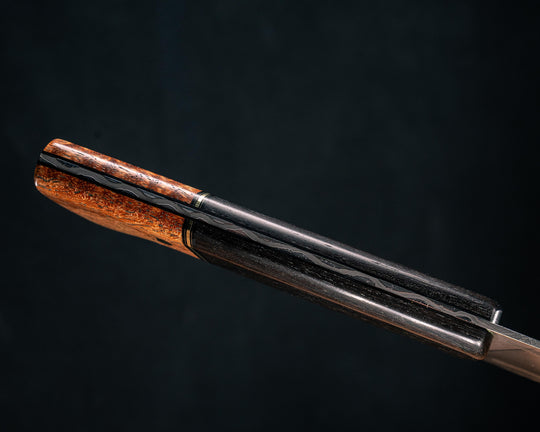 10" Chef Blade- African Blackwood, Black G10 and Brass Split, Afzelia Burl, Mosaic Pins, Smooth Grip