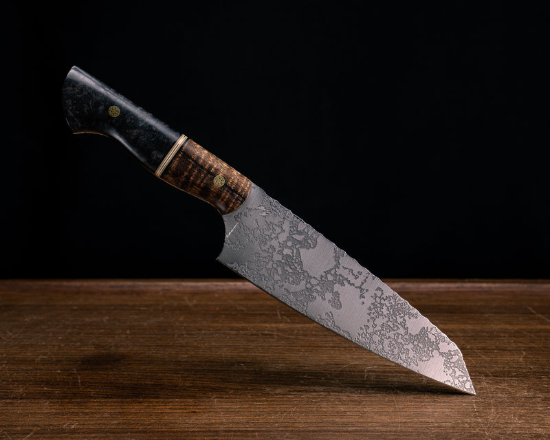 Santoku- Hawaiian Curly Koa, Black G10, Coyote G10, White G10 and Brass Split, Dyed Redwood, Mosaic Pins, Smooth Grip