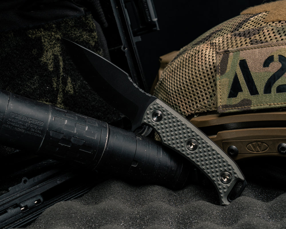 Ishi- Grey with Redline G10, Armor Black Cerakote, Ti Allen Bolts, Textured Grip