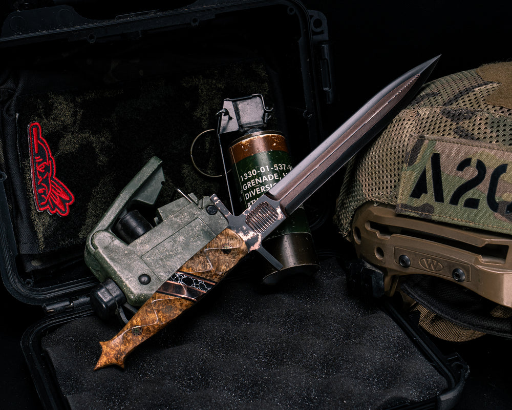 V-42 Dagger- Baker Forge Random Pattern CopperMai- Amboyna Burl, Black G10 and Copper Pin Striping, Black with White Web Tru-stone and Hawaiian Curly Koa Split, Mosaic Pins, Textured Grip