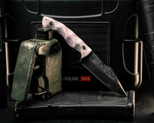 Widow Maker Jr-  Baker Forge Random Pattern Damascus- Elk Antler, Brass Mosaic Pins, 1/8" Mosaic Pin, Textured Grip