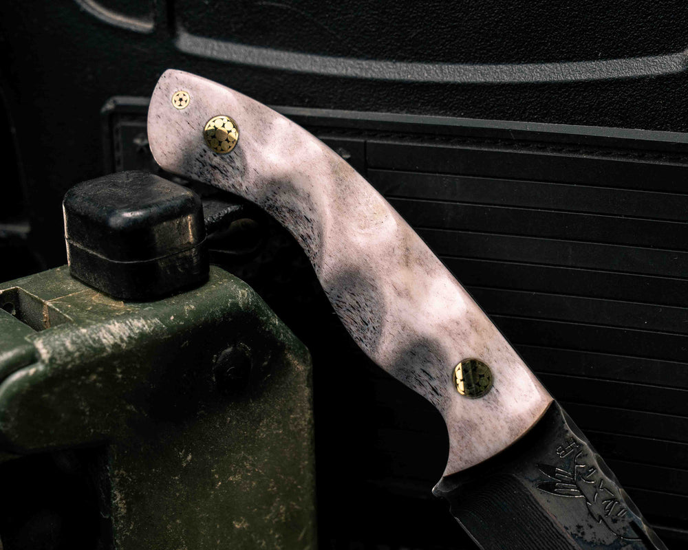 Widow Maker Jr-  Baker Forge Random Pattern Damascus- Elk Antler, Brass Mosaic Pins, 1/8" Mosaic Pin, Textured Grip