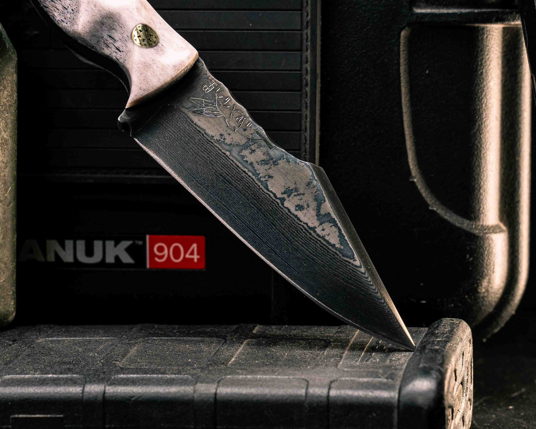 Widow Maker Jr-  Baker Forge Random Pattern Damascus- Elk Antler, Brass Mosaic Pins, 1/8" Mosaic Pin, Textured Grip