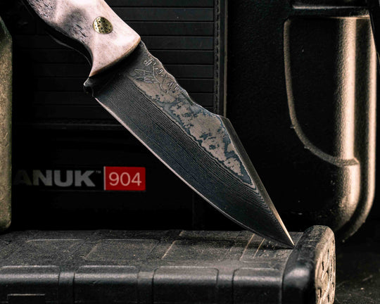 Widow Maker Jr-  Baker Forge Random Pattern Damascus- Elk Antler, Brass Mosaic Pins, 1/8" Mosaic Pin, Textured Grip