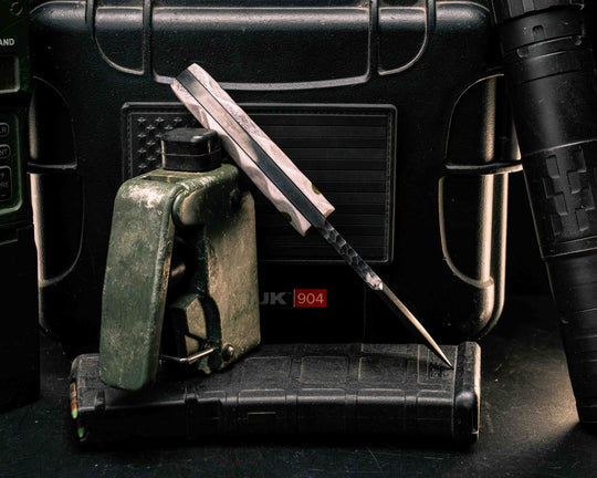 Widow Maker Jr-  Baker Forge Random Pattern Damascus- Elk Antler, Brass Mosaic Pins, 1/8" Mosaic Pin, Textured Grip
