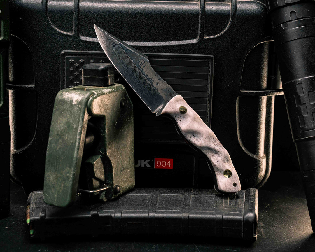 Widow Maker Jr-  Baker Forge Random Pattern Damascus- Elk Antler, Brass Mosaic Pins, 1/8" Mosaic Pin, Textured Grip