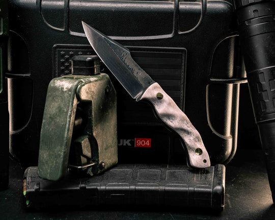 Widow Maker Jr-  Baker Forge Random Pattern Damascus- Elk Antler, Brass Mosaic Pins, 1/8" Mosaic Pin, Textured Grip