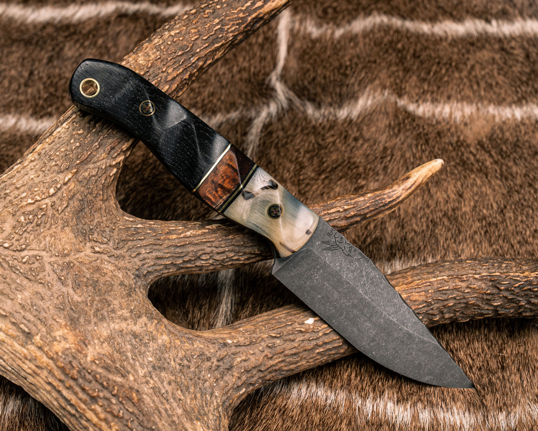 (DON'T POST) Crow Jr- Rams Horn, Black G10 and Brass Pin Striping, Hawaiian Curly Koa Split, Gaboon Ebony, Mosaic Pins, Brass Lanyard Pin, Textured Grip