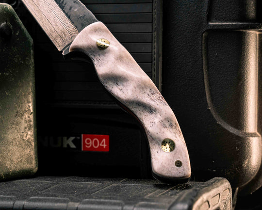 Widow Maker Jr-  Baker Forge Random Pattern Damascus- Elk Antler, Brass Mosaic Pins, 1/8" Mosaic Pin, Textured Grip