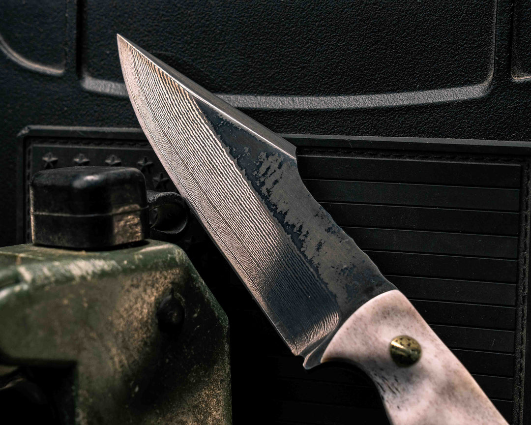 Widow Maker Jr-  Baker Forge Random Pattern Damascus- Elk Antler, Brass Mosaic Pins, 1/8" Mosaic Pin, Textured Grip