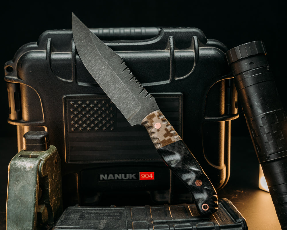 Crow Scout- Navy S.E.A.L AOR2 Cammie Micarta, Carbon Fiber, Copper Pins, Copper Lanyard Pin, Old School Rock Work, Textured Grip