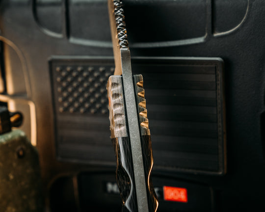 Crow Scout- Navy S.E.A.L AOR2 Cammie Micarta, Carbon Fiber, Copper Pins, Copper Lanyard Pin, Old School Rock Work, Textured Grip