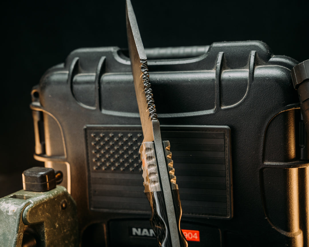Crow Scout- Navy S.E.A.L AOR2 Cammie Micarta, Carbon Fiber, Copper Pins, Copper Lanyard Pin, Old School Rock Work, Textured Grip