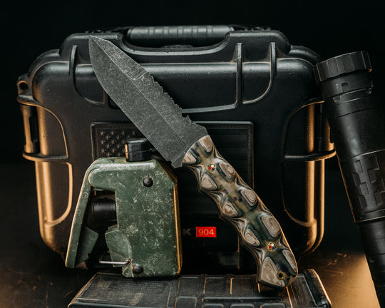 Notched Disaster Breacher- Layered Navy S.E.AL AOR1 and AOR2 Cammie Micarta, Tan and Black G10 Liner, Patriot Mosaic Pins, Brass Lanyard Pin, Textured Grip