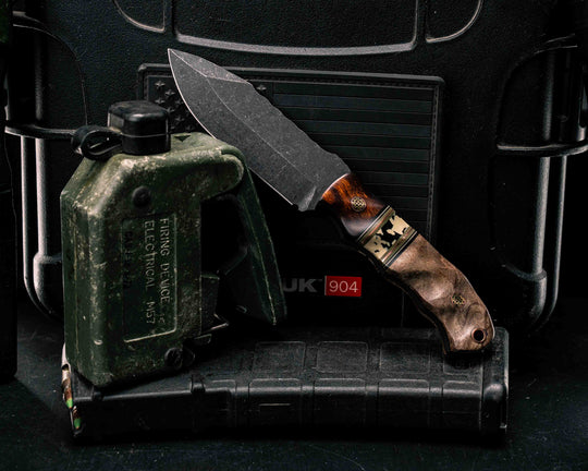 Disaster Cub- Desert Ironwood, Black G10, Desert Tan G10, OD Green G10 and Copper Pin Striping, Black Calceon Split, Maple Burl, Mosaic Pins, Copper Lanyard Pin, Textured Grip
