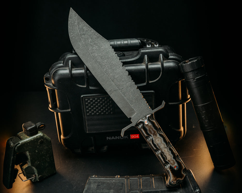 Raider Bowie- Layered Navy S.E.A.L AOR1 Cammie Micarta and WWII Retired Uniform Canvas Micarta, Patriot Mosaic Pins, 1/8" Patriot Mosaic Pin, Old School Rock Work, Textured Grip