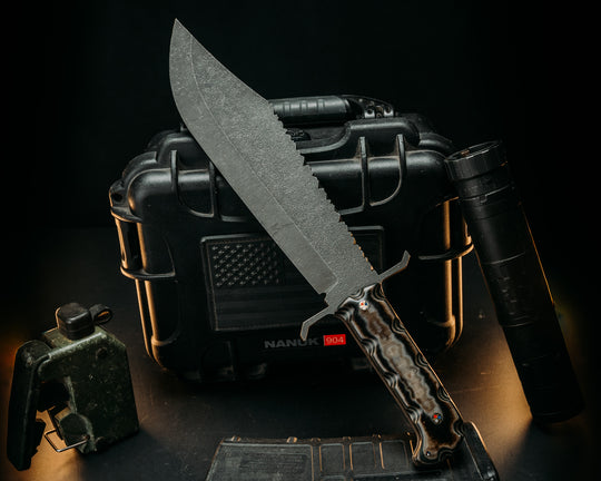 Raider Bowie- Layered Navy S.E.A.L AOR1 Cammie Micarta and WWII Retired Uniform Canvas Micarta, Patriot Mosaic Pins, 1/8" Patriot Mosaic Pin, Old School Rock Work, Textured Grip