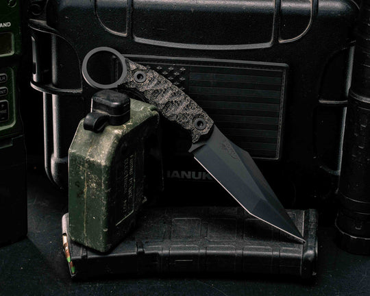 Ringed Tac Tanto- Black Burlap Micarta, Armor Black Cerakote,  Allen Bolts, Textured Grip