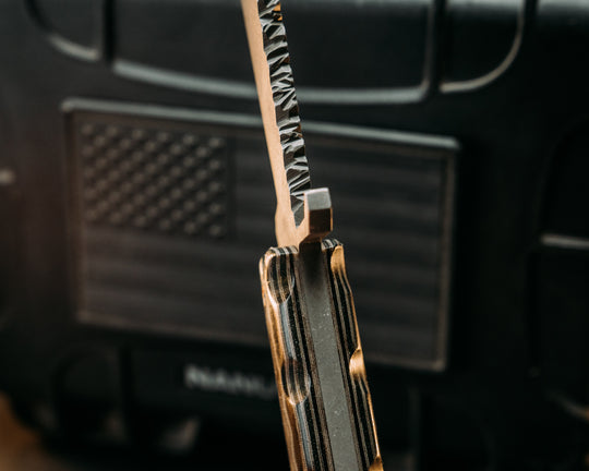 Raider Bowie- Layered Navy S.E.A.L AOR1 Cammie Micarta and WWII Retired Uniform Canvas Micarta, Patriot Mosaic Pins, 1/8" Patriot Mosaic Pin, Old School Rock Work, Textured Grip