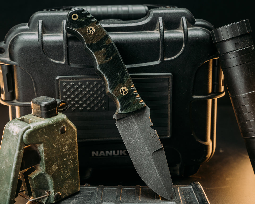 Notched Compound Grind Breacher Jr- Vietnam Tiger Stripe Cammie Micarta, Brass Mosaic Pins, 3/8" Hollow Mosaic Pin, Old School Rock Work, Textured Grip