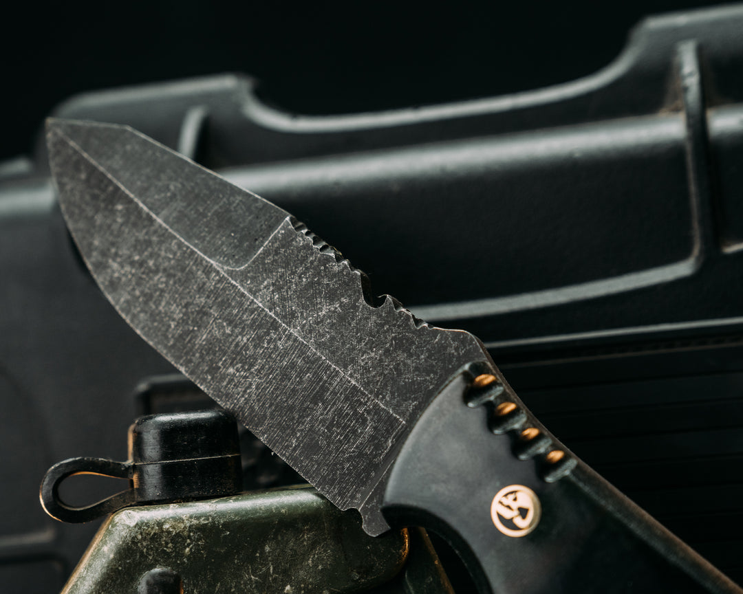 Notched Compound Grind Breacher Jr- Vietnam Tiger Stripe Cammie Micarta, Brass Mosaic Pins, 3/8" Hollow Mosaic Pin, Old School Rock Work, Textured Grip