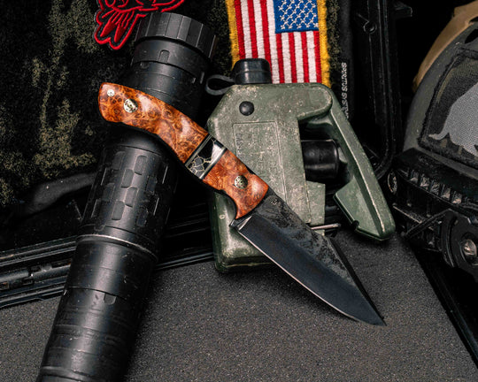 Widow Maker Jr- Baker Forge Random Pattern Damascus- Amboyna Burl, Black G10, OD Green G10 and Brass Pin Striping, Black with Gold Web Tru-stone Split, Mosaic Pins, Textured Grip