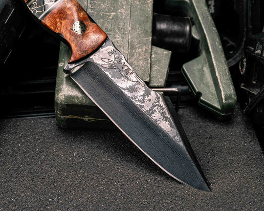 Widow Maker Jr- Baker Forge Random Pattern Damascus- Amboyna Burl, Black G10, OD Green G10 and Brass Pin Striping, Black with Gold Web Tru-stone Split, Mosaic Pins, Textured Grip
