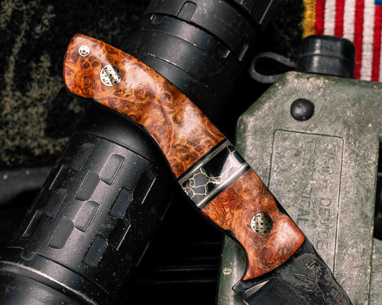 Widow Maker Jr- Baker Forge Random Pattern Damascus- Amboyna Burl, Black G10, OD Green G10 and Brass Pin Striping, Black with Gold Web Tru-stone Split, Mosaic Pins, Textured Grip