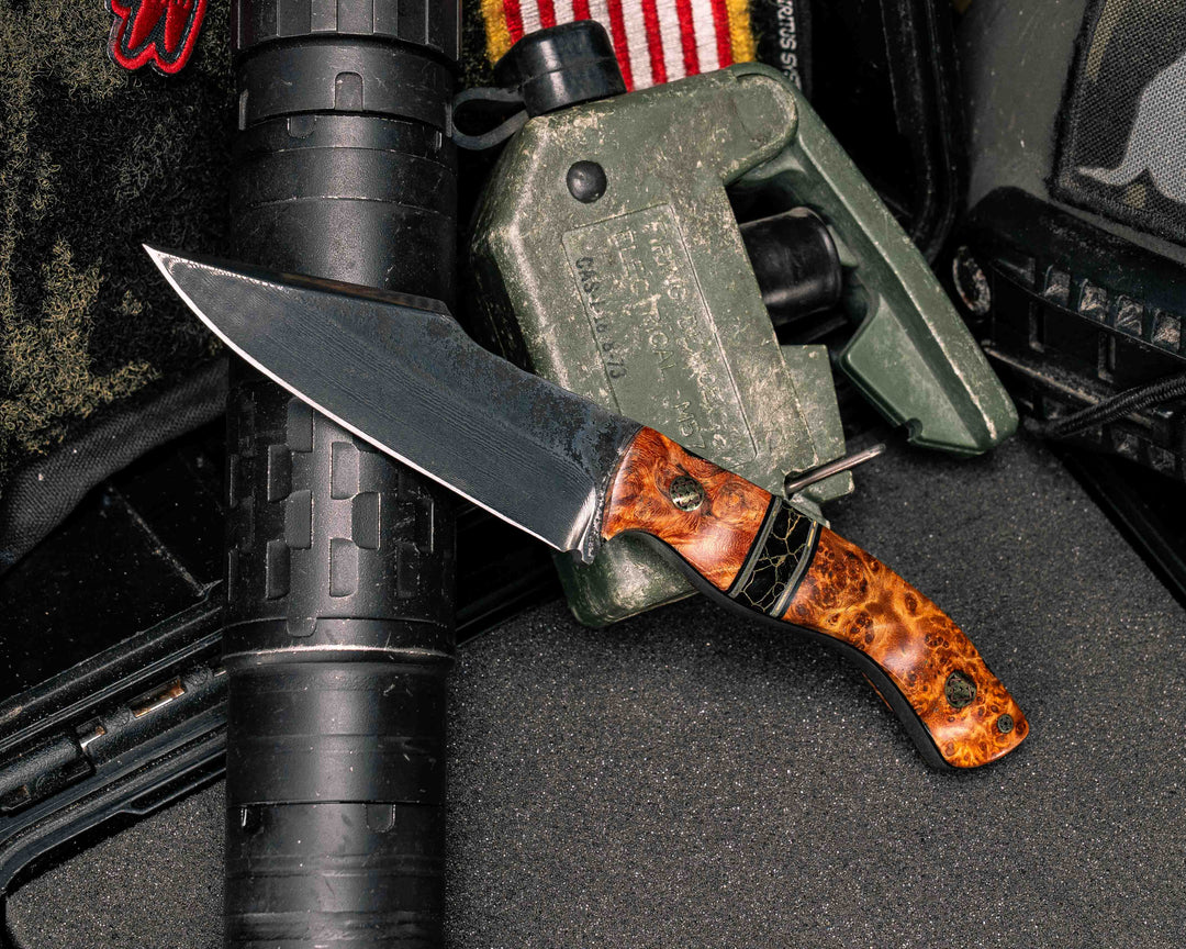 Widow Maker Jr- Baker Forge Random Pattern Damascus- Amboyna Burl, Black G10, OD Green G10 and Brass Pin Striping, Black with Gold Web Tru-stone Split, Mosaic Pins, Textured Grip