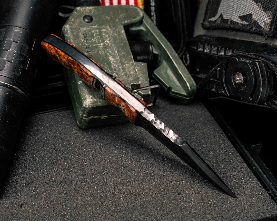 Widow Maker Jr- Baker Forge Random Pattern Damascus- Amboyna Burl, Black G10, OD Green G10 and Brass Pin Striping, Black with Gold Web Tru-stone Split, Mosaic Pins, Textured Grip