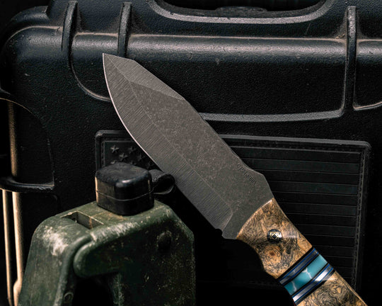 Disaster Jr- Buckeye Burl, Black G10, Charcoal G10, Blue G10 and Aluminum Pin Striping, Larimar Tru-stone Split, Mosaic Pins, Aluminum Lanyard Pin, Textured Grip