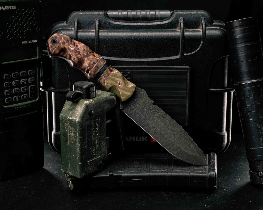 Notched Disaster Breacher- OD Green Canvas Micarta, Copper and OD Green G10 Pin Striping, Redwood and Black Canvas Micarta Split, Redwood, Copper Patriot Mosaic Pins, CF Lanyard Pin, Textured Grip