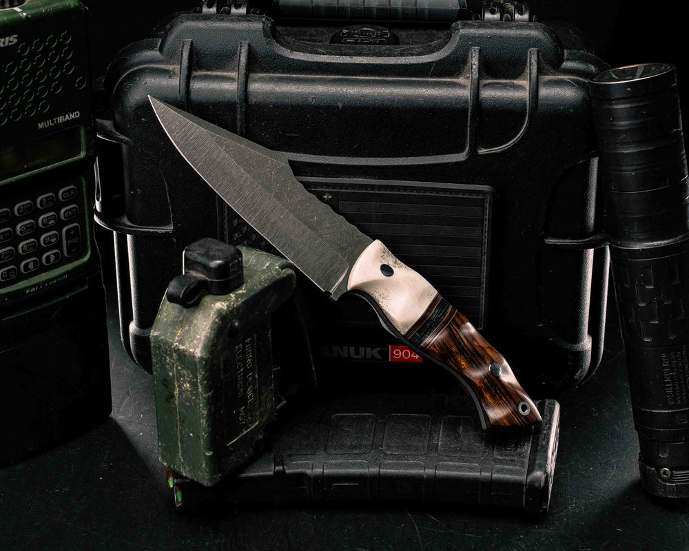 Widow Maker- Elk Antler, Coyote G10, Ruby G10 and Aluminum Pin Striping, American Flag Canvas Micarta Split, Desert Ironwood, Mosaic Pins, Aluminum Lanyard Pin, Textured Grip