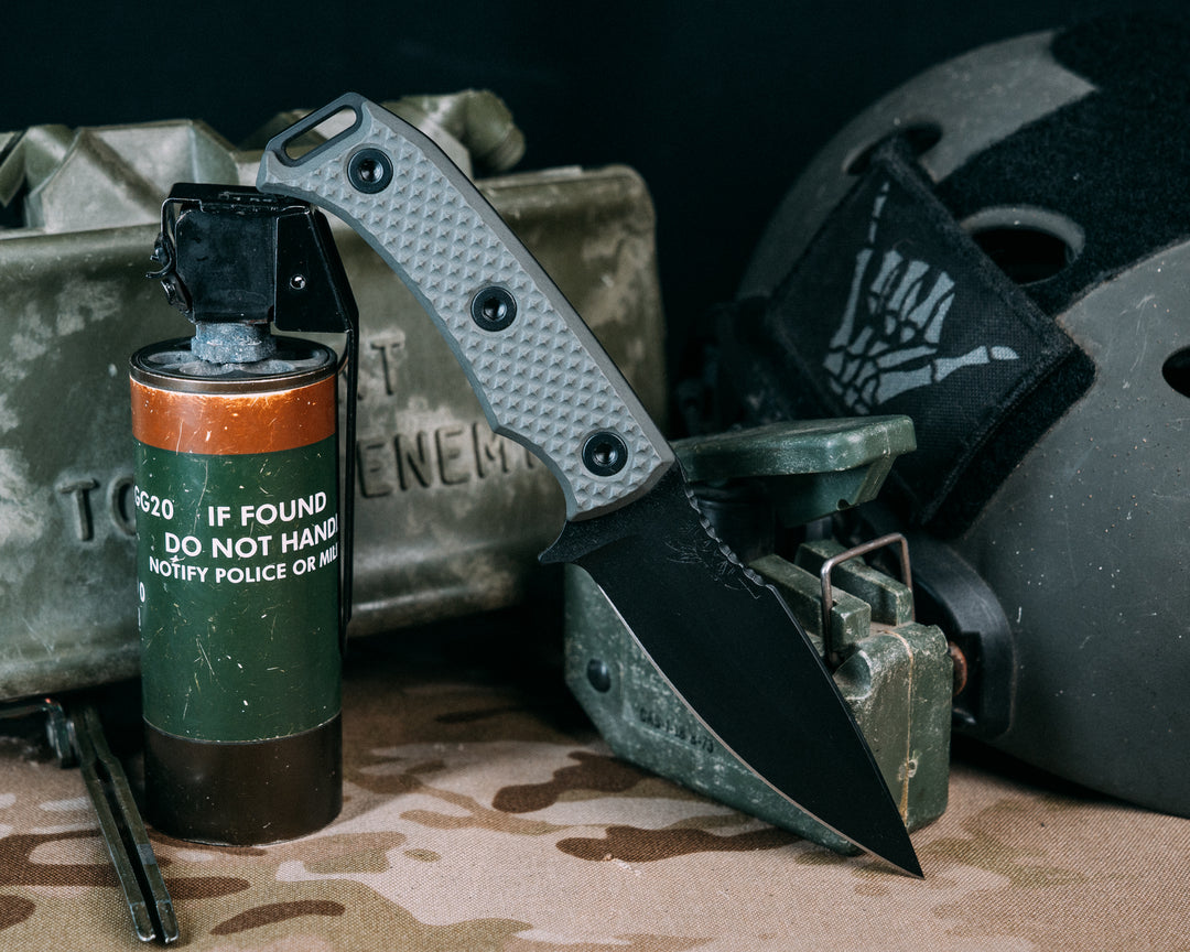 Ishi- Grey with Red Line G10, Armor Black Cerakote, Allen Bolts, Checkered Grip
