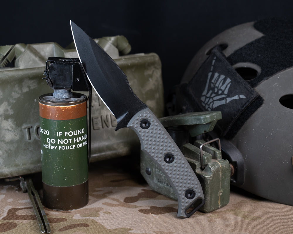 Ishi- Grey with Red Line G10, Armor Black Cerakote, Allen Bolts, Checkered Grip