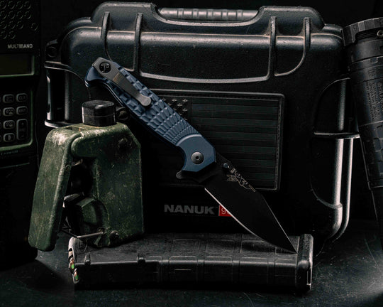 Crow Folder- Anodized Navy Blue Handle, Black Nitride Blade, Grenade Stippled Grip, Deep Carry Clip