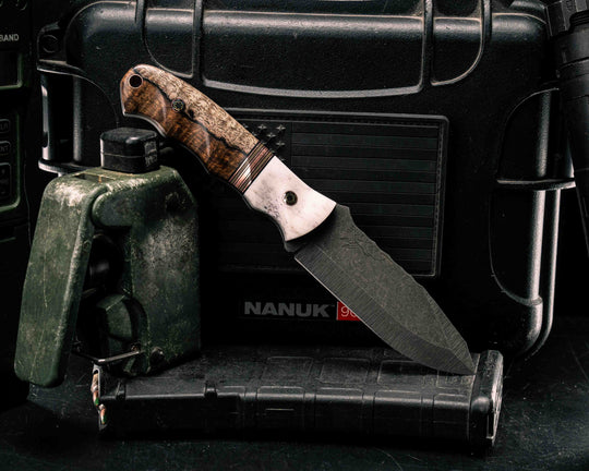 Disaster Jr- Elk Antler, Black G10, Copper and Coyote G10 Split, Hawaiian Curly Mango, Mosaic Pins, Copper Lanyard Pin, Textured Grip