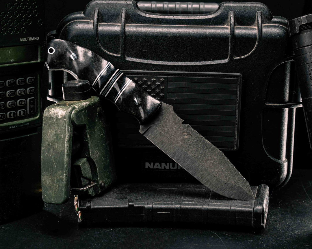 Notched Disaster Breacher- Dyed Black Ash Burl, White G10, Black G10 and Aluminum Pin Striping, Black Canvas Micarta Split, Mosaic Pins, Aluminum Lanyard Pin, Textured Grip