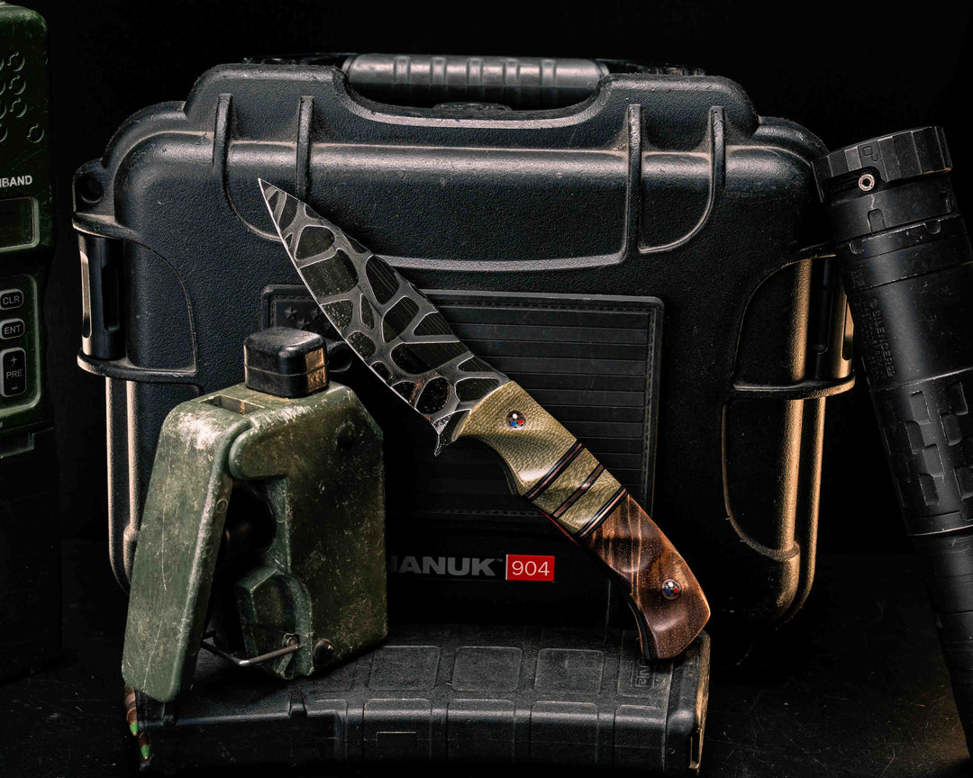 Ishi- OD Green Canvas Micarta, Black G10, Copper and Aluminum Pin Striping, OD Green Canvas Micarta Split, Hawaiian Curly Koa, Patriot Mosaic Pins, Brass Lanyard Pin, Textured Grip