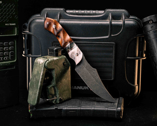 Red Cloud-  Elk Antler, Black G10 and Copper Pin Striping, Dyed Buckeye Split, Desert Ironwood, Copper Patriot Mosaic Pins, Textured Grip
