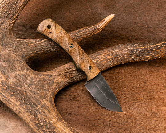 Beef Harpoon- Amboyna Burl, Mosaic Pins, Brass Lanyard Pin, Textured Grip