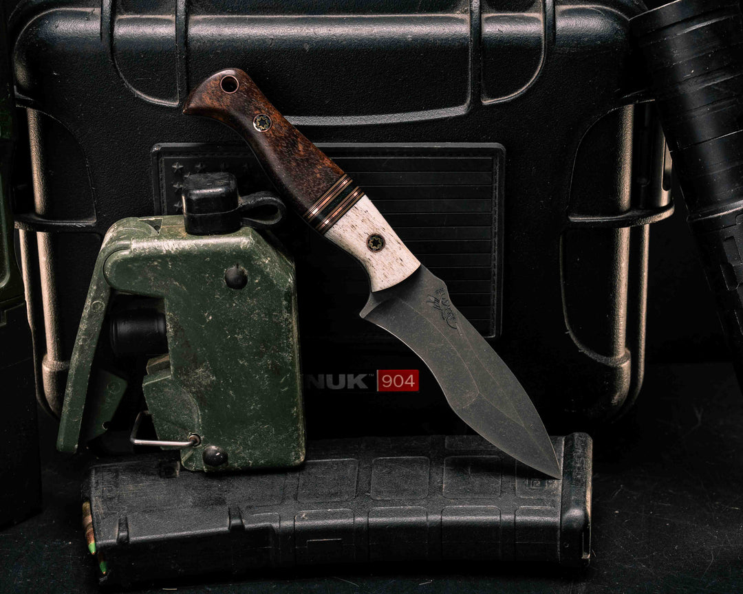 Extremis MK1- Elk Antler, Black G10, Coyote G10, Copper and Black Canvas Micarta Split, Hawaiian Curly Koa, Mosaic Pins, Copper Lanyard Pin, Smooth Grip