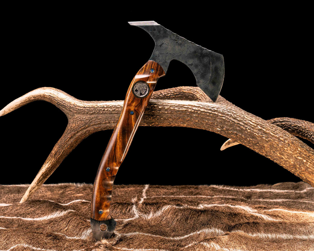Recce Alpha Hawk- Baker Forge Raindrop Damascus- Desert Ironwood, 1937 Buffalo Nickel Over Engraved Brass Inlay, Mosaic Pins, Textured Grip