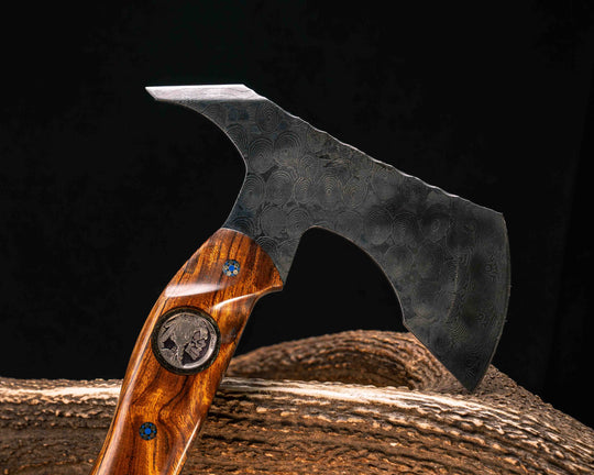 Recce Alpha Hawk- Baker Forge Raindrop Damascus- Desert Ironwood, 1937 Buffalo Nickel Over Engraved Brass Inlay, Mosaic Pins, Textured Grip